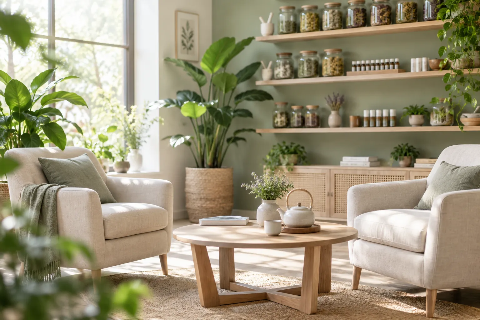 Espace d’accueil du cabinet : fauteuils en lin, plantes et lumière naturelle